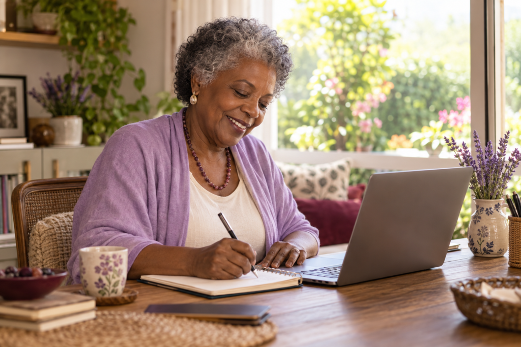 Mulher madura escrevendo em um caderno ao lado de um computador, em ambiente com flores.