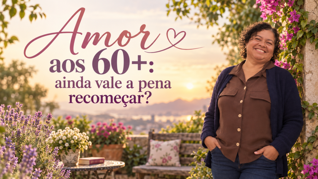 Tania Moura em um jardim, com o título Amor aos 60+: ainda vale a pena recomeçar?