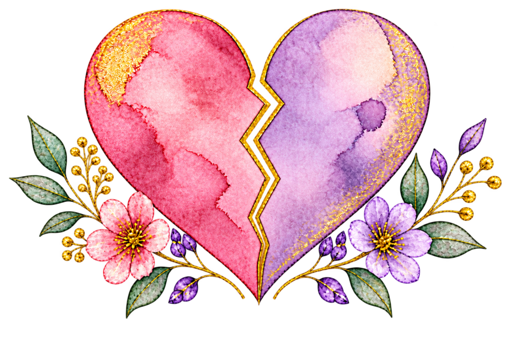 Use este, G:
**Ilustração de um coração partido em tons de rosa e lilás, decorado com flores e detalhes dourados.**