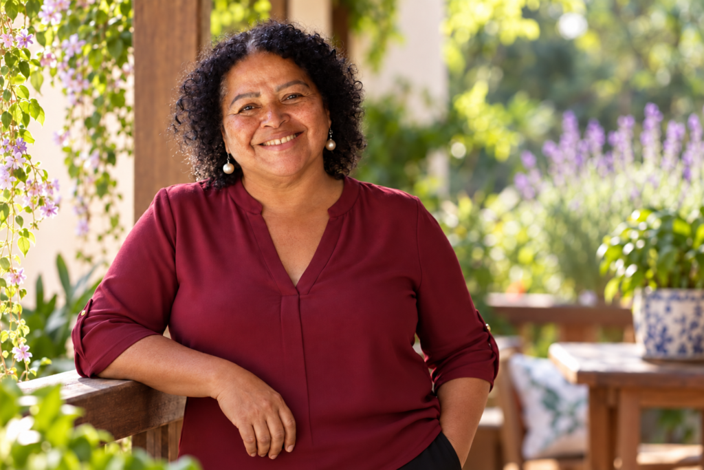 Tânia Moura sorrindo em uma varanda florida.